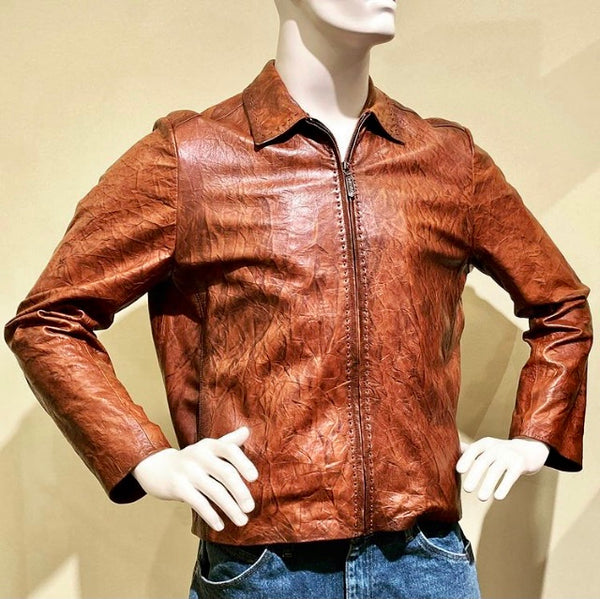★FACADE PATTERN★ Leather half coat_brown Unique Cuadra men's jacket handmade of crinkled leather in