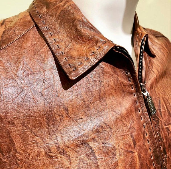 ★FACADE PATTERN★ Leather half coat_brown Unique Cuadra men's jacket handmade of crinkled leather in
