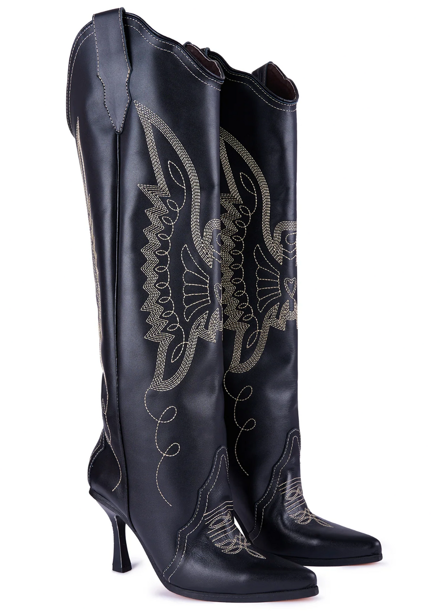Montserrat Messeguer Women's Black Leather Jornada Stiletto Cowboy Boots, 45 degrees