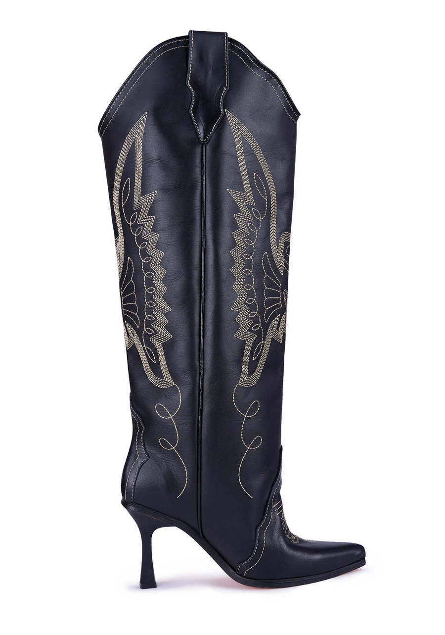 Montserrat Messeguer Women's Black Leather Jornada Stiletto Cowboy Boots, 45 degrees