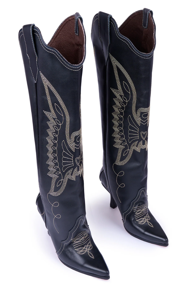 Montserrat Messeguer Women's Handmade Black Leather Jornada Stiletto Cowboy Boots