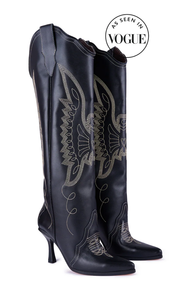Montserrat Messeguer Women's Handmade Black Leather Jornada Stiletto Cowboy Boots