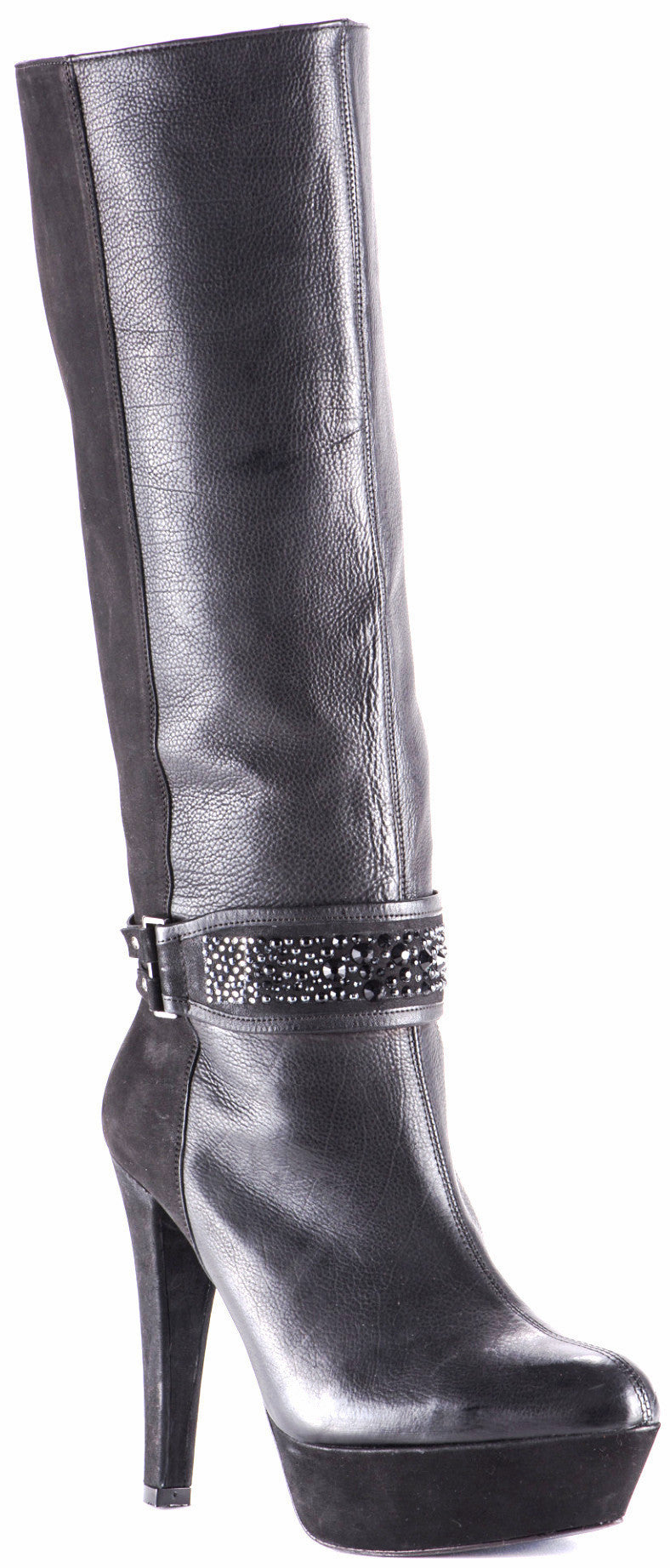 Cuadra Women’s Handmade Black Suede Leather Knee-High High Heel Platform Boots, 45 degrees